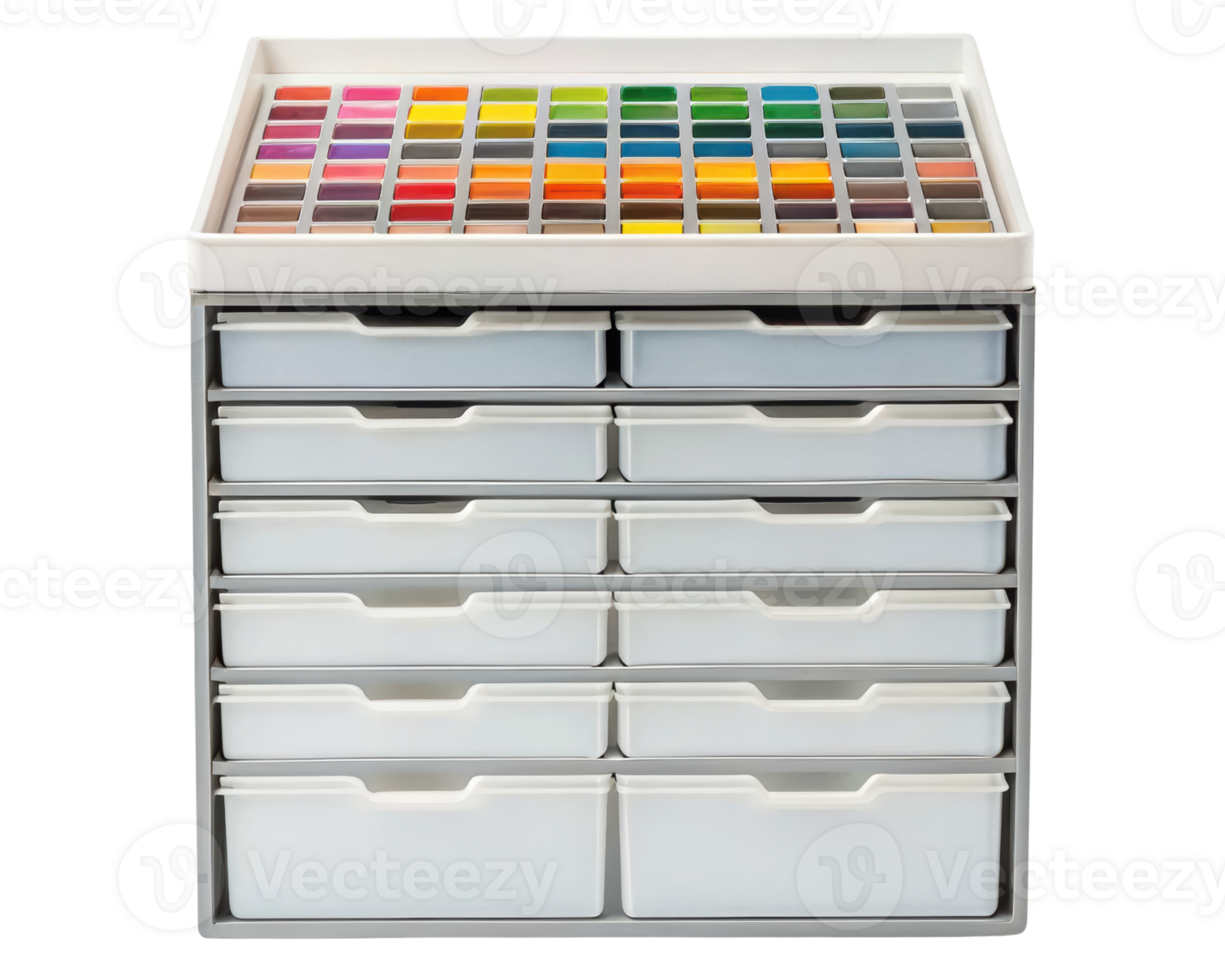 Organizational drawer unit for art supplies on a transparent background png
