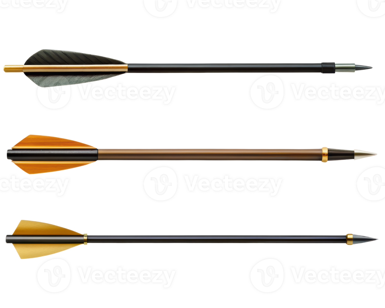 Three Unique Arrows Featuring Vibrant Fletching Designs on a transparent background png