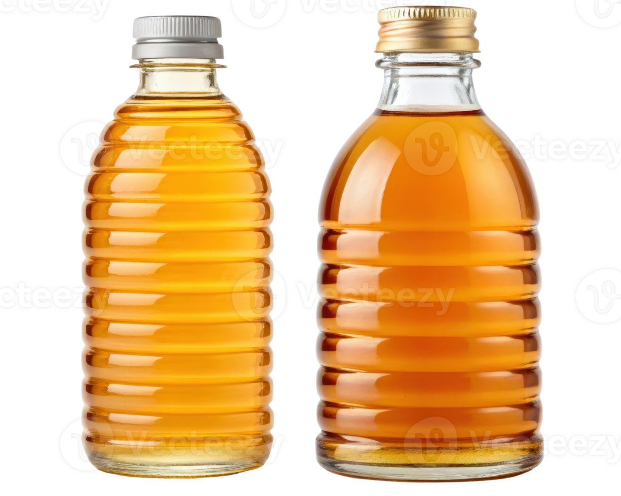 Two transparent ribbed bottles with honey on a transparent background png