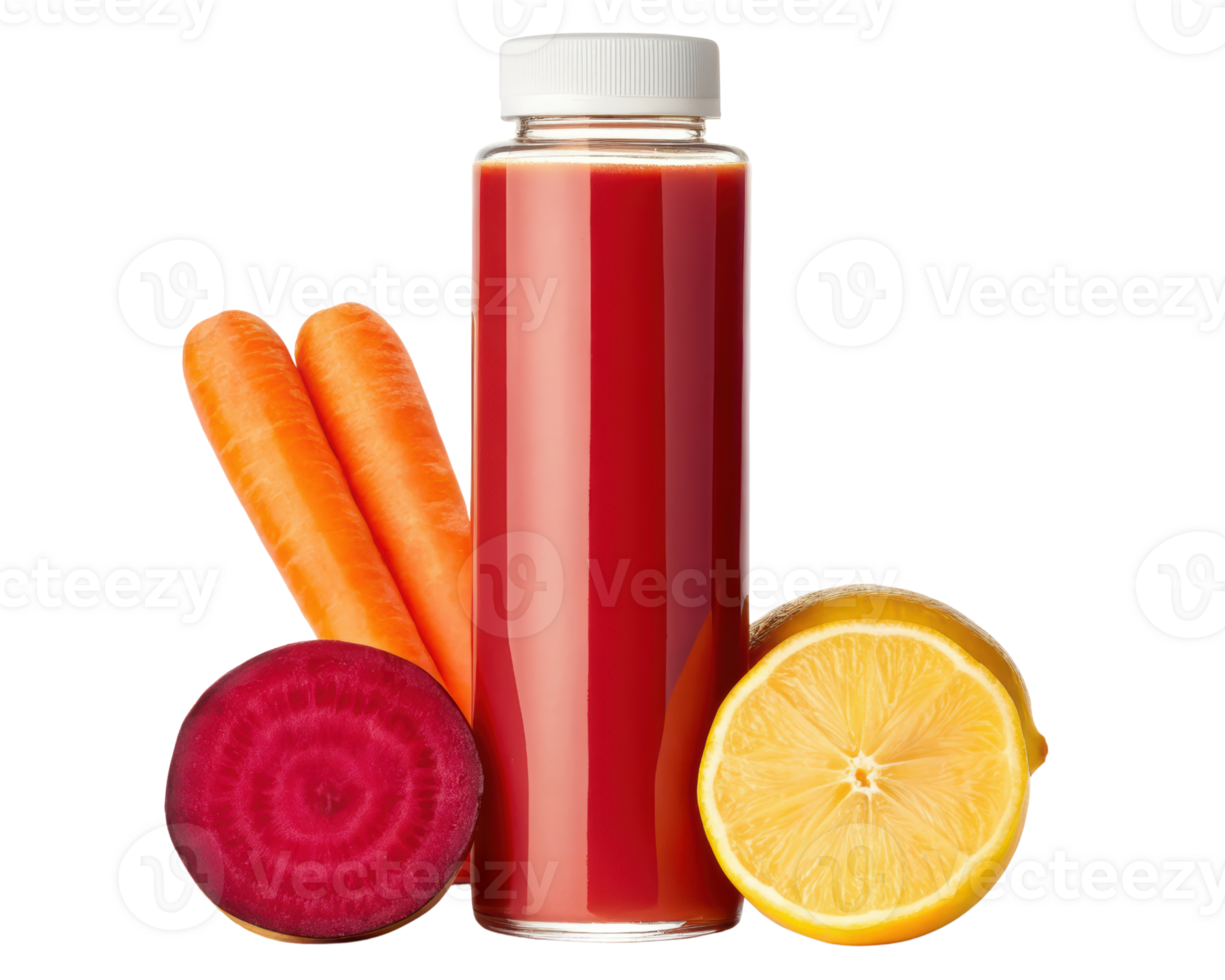 Fresh juice bottle with vibrant fruits and vegetables on a transparent background png