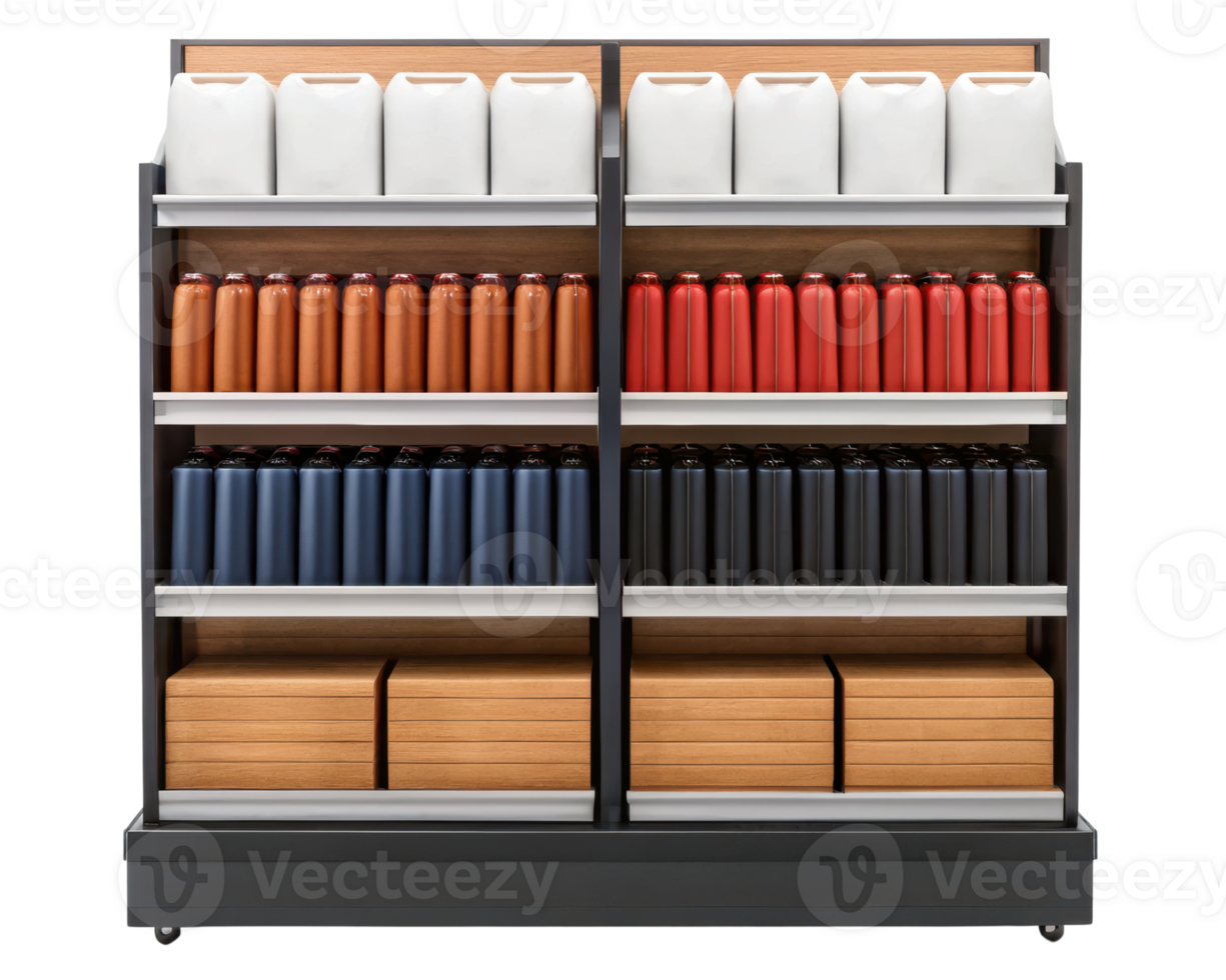 Retail display featuring assorted beverage containers on a transparent background png