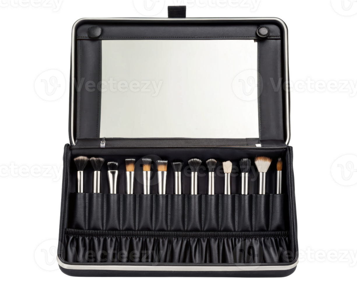Makeup brush set neatly arranged in a portable case on a transparent background png