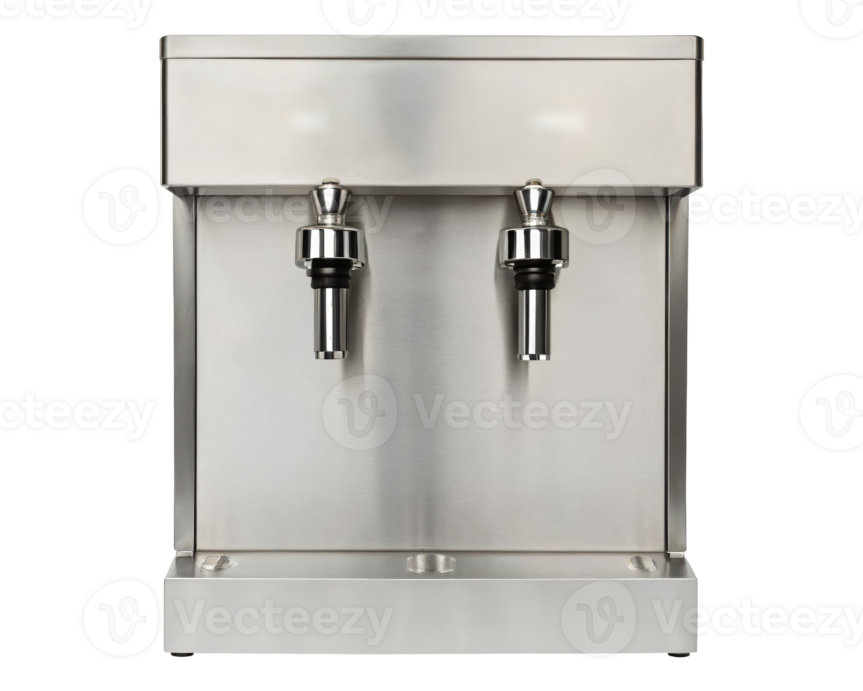 A stainless steel beverage dispenser for serving drinks on a transparent background png