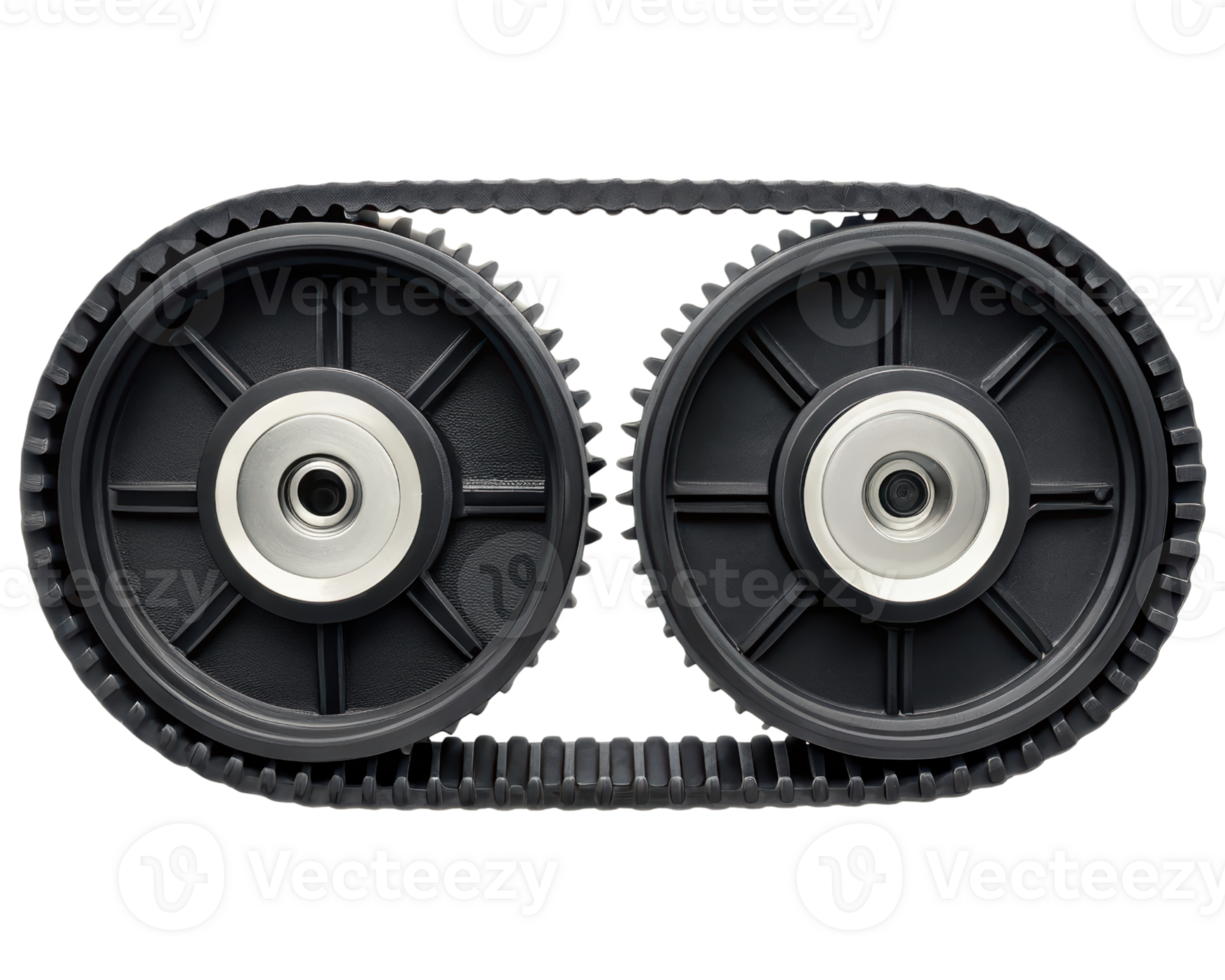 Industrial gears connected by a durable timing belt on a transparent background png