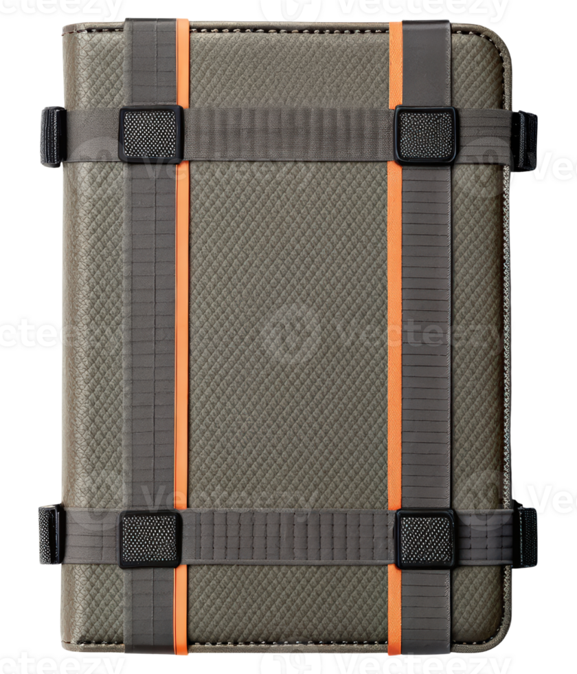Gray textured tablet case with sleek orange and black straps on a transparent background png