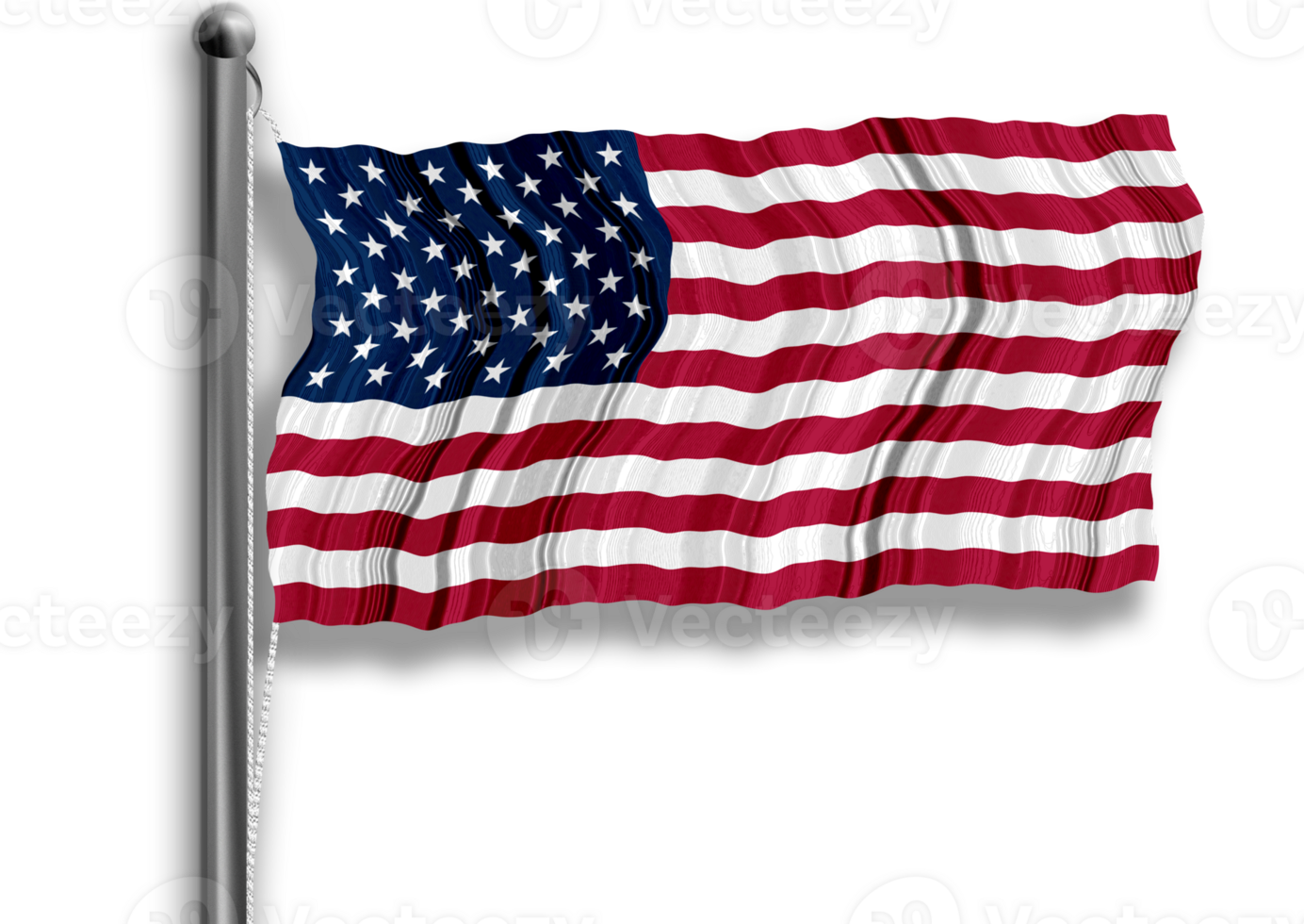 US flag flying on a flagpole, isolated, transparent background. png