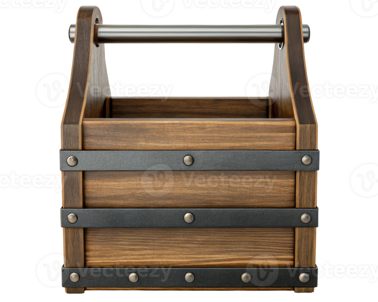 Wooden caddy with metal accents for organizing tools on a transparent background png