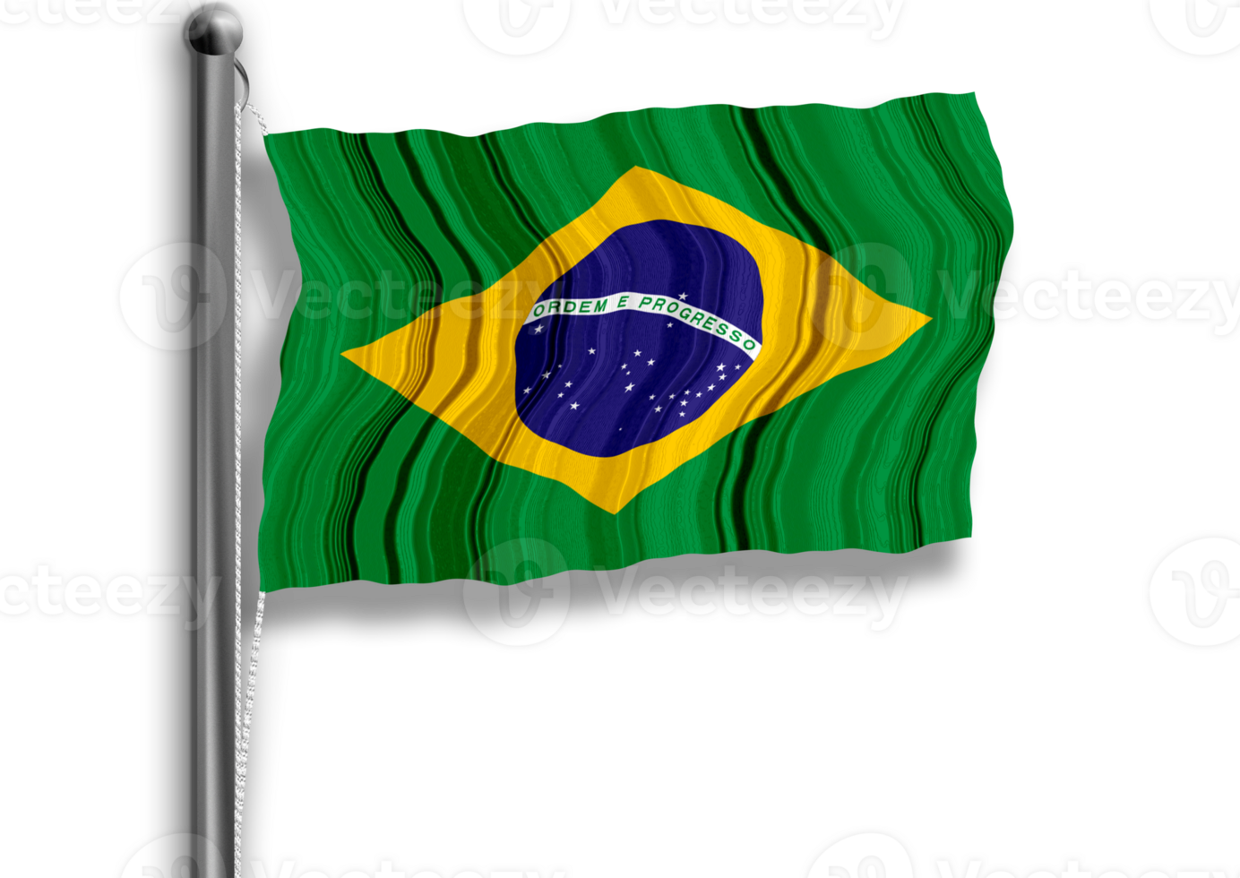 Brazilian flag flying on a flagpole, isolated, transparent background. png