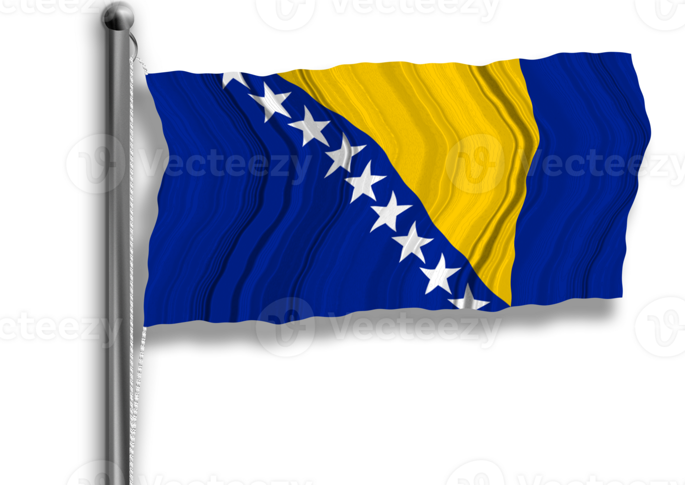 Bosnia and Herzegovina flag flying on a flagpole, isolated, transparent background. png