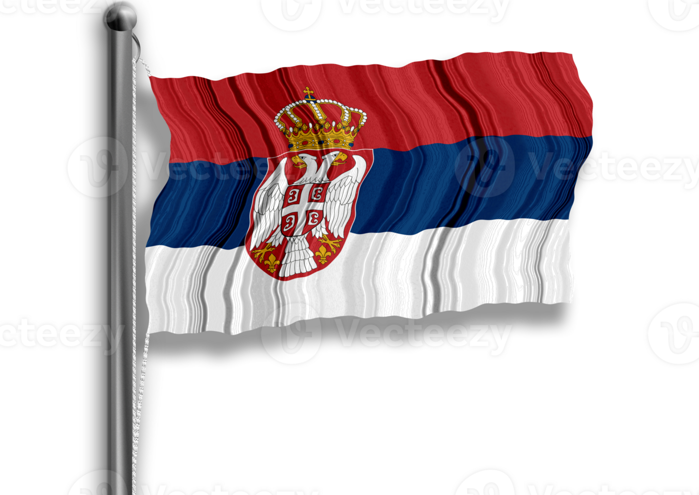 Serbian flag flying on a flagpole, isolated, transparent background. png