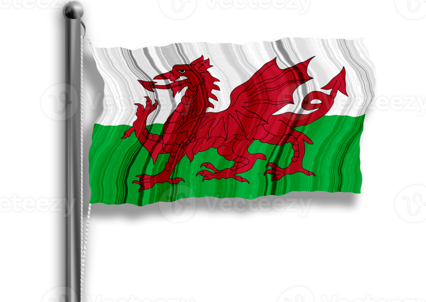 Wales flag flying on a flagpole, isolated, transparent background. png