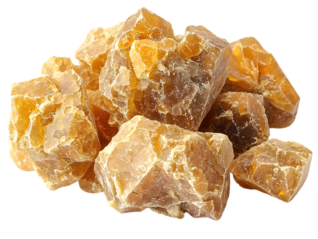 Pile of Amber Brown Sugar Crystals on Transparent Background Close Up Still Life with Shallow Depth of Field and Warm Lighting for Sweet Food Concepts High Angle Shot Studio Shot Isolated Image With png