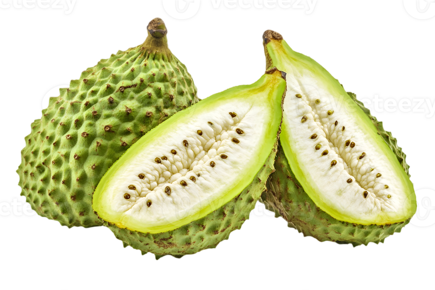 Soursop Annona Muricata with Spiked Green Skin and White Pulp on Transparent Background, Highlighting Natural Texture and Organic Qualities in Studio Lighting Arrangement and Detail Soursop. Fruit png