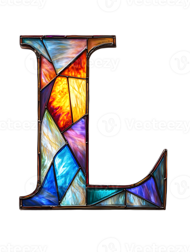 Stained Glass Letter L on Transparent Background Multicolor Geometric Design with Ornate Metal Framework Detailed and Decorative Art Alphabet Character Illustration Isolated Graphic Design png