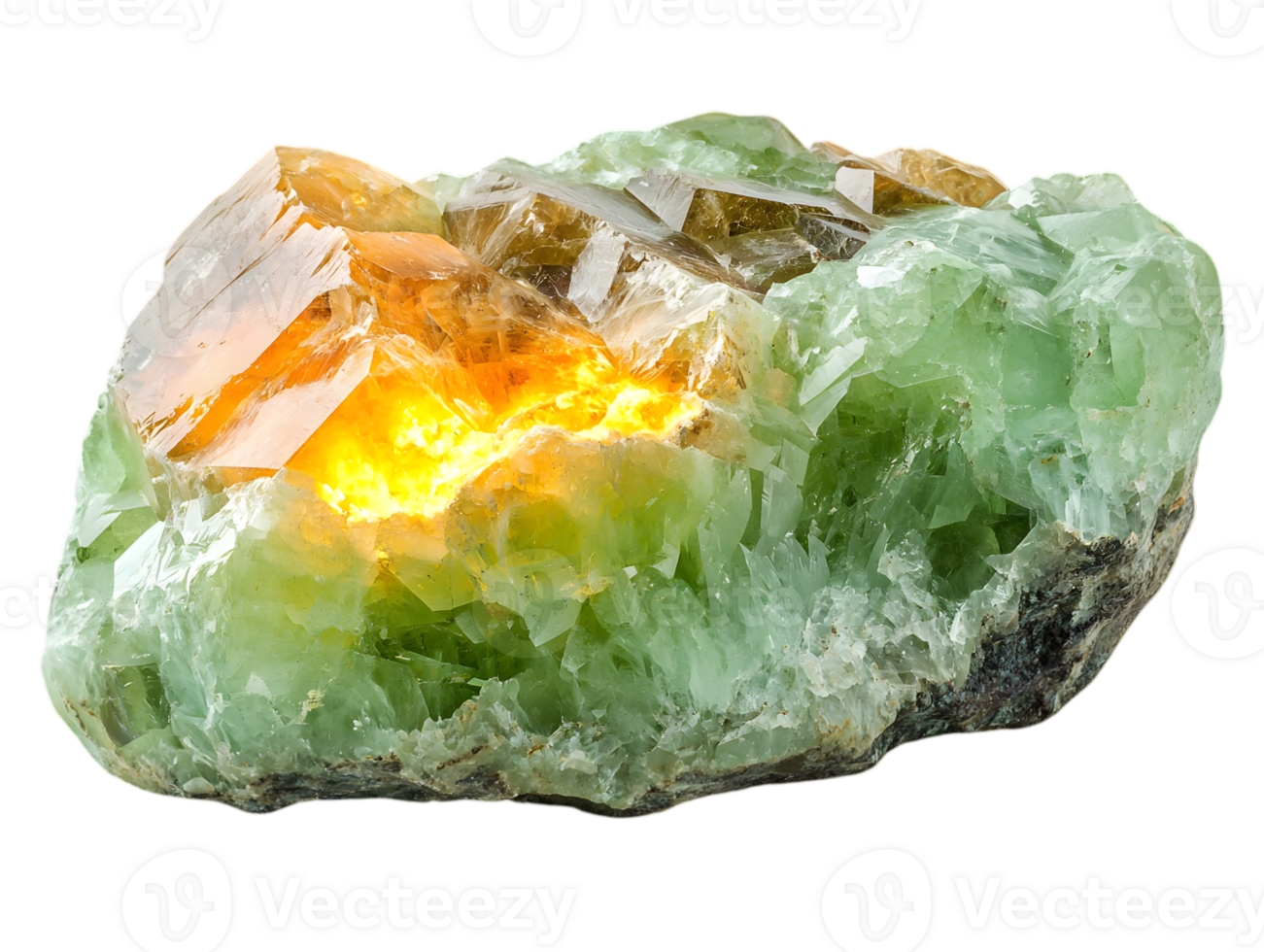 Vibrant Green Crystal Mineral Specimen with Transparent Background and Golden Brown Cubic Formation Illuminating Facets in Studio Lighting Gemstone Collection Display Piece Gemology Study Element png