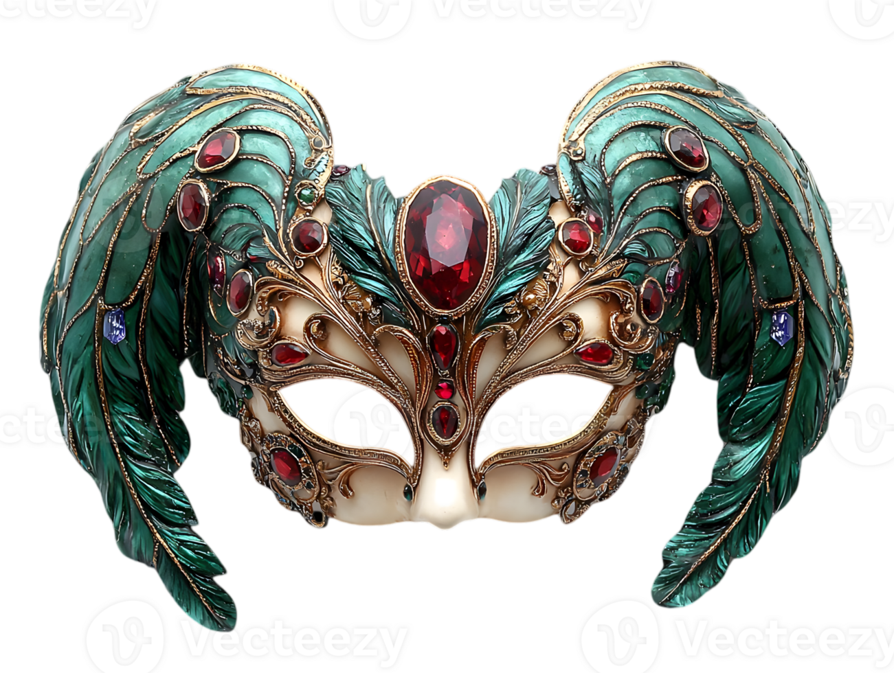 Ornate Venetian Carnival Mask with Teal Feathers and Red Gems on Transparent Background Perfect For Masquerade Ball Theme and Celebratory Events Invitations and Posters png