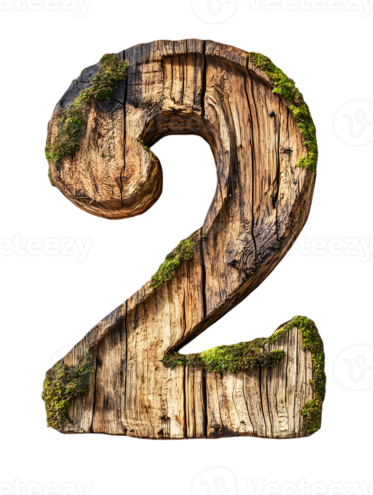 Wooden Number Two with Moss Detail Against Transparent Backdrop Detailed Texture Rustic Natural Element Weathered Timber Numbering Signage 3D Rendered Art Design Object Isolated Symbolic Icon Digit png