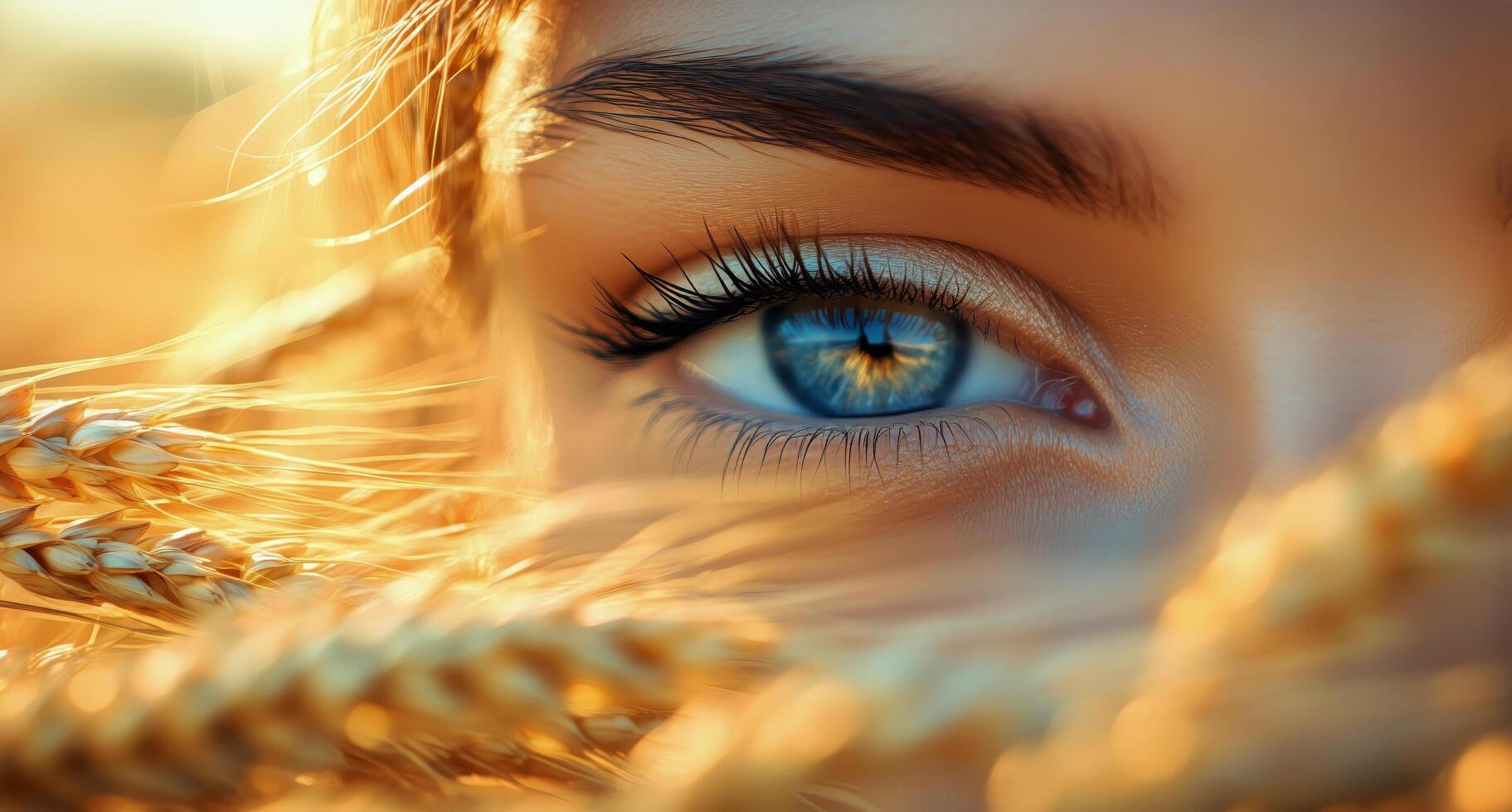 Close-up of a Womans Eye Surrounded by Golden Wheat at Sunset photo