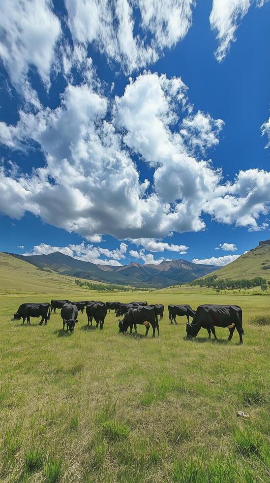 Cattle Grazing Peacefully in a Lush Green Meadow Under a Blue Sky Filled With Clouds photo