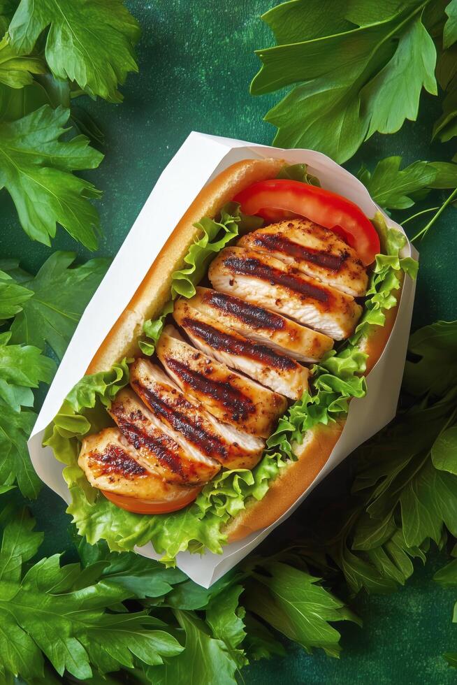 Delicious Grilled Chicken Sandwich Served With Fresh Vegetables and Herbs in a Vibrant Setting photo