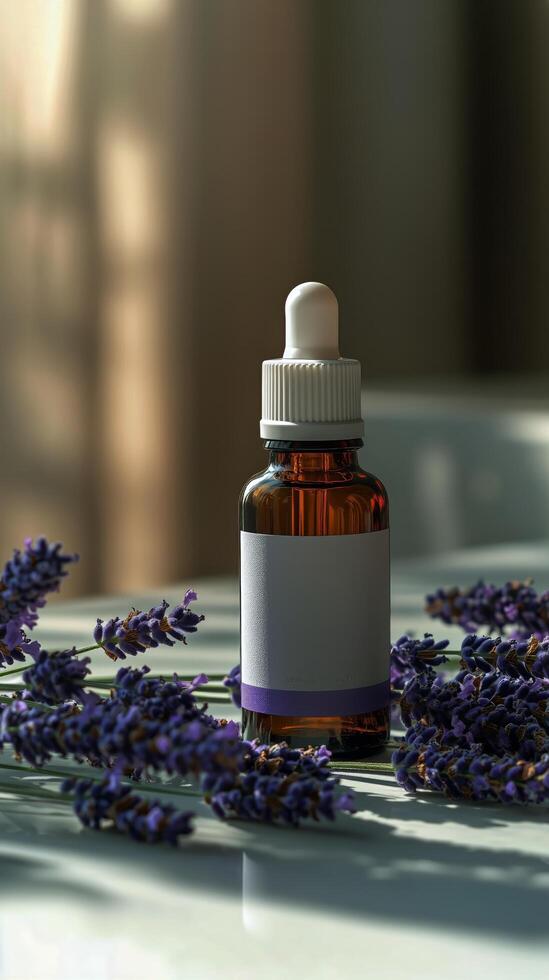 Lavender Oil Dropper Bottle Beside Fresh Lavender Flowers in Soft Light photo