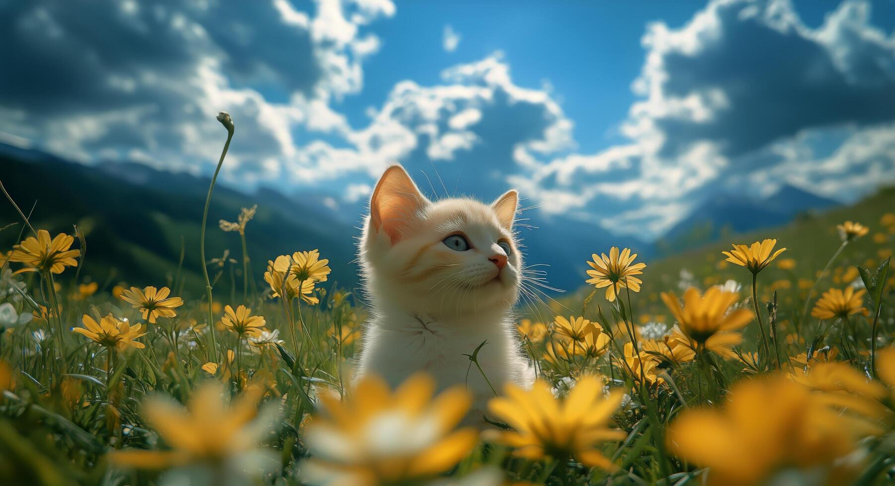 Cute White Kitten Exploring a Colorful Flower Field Under a Bright Blue Sky photo