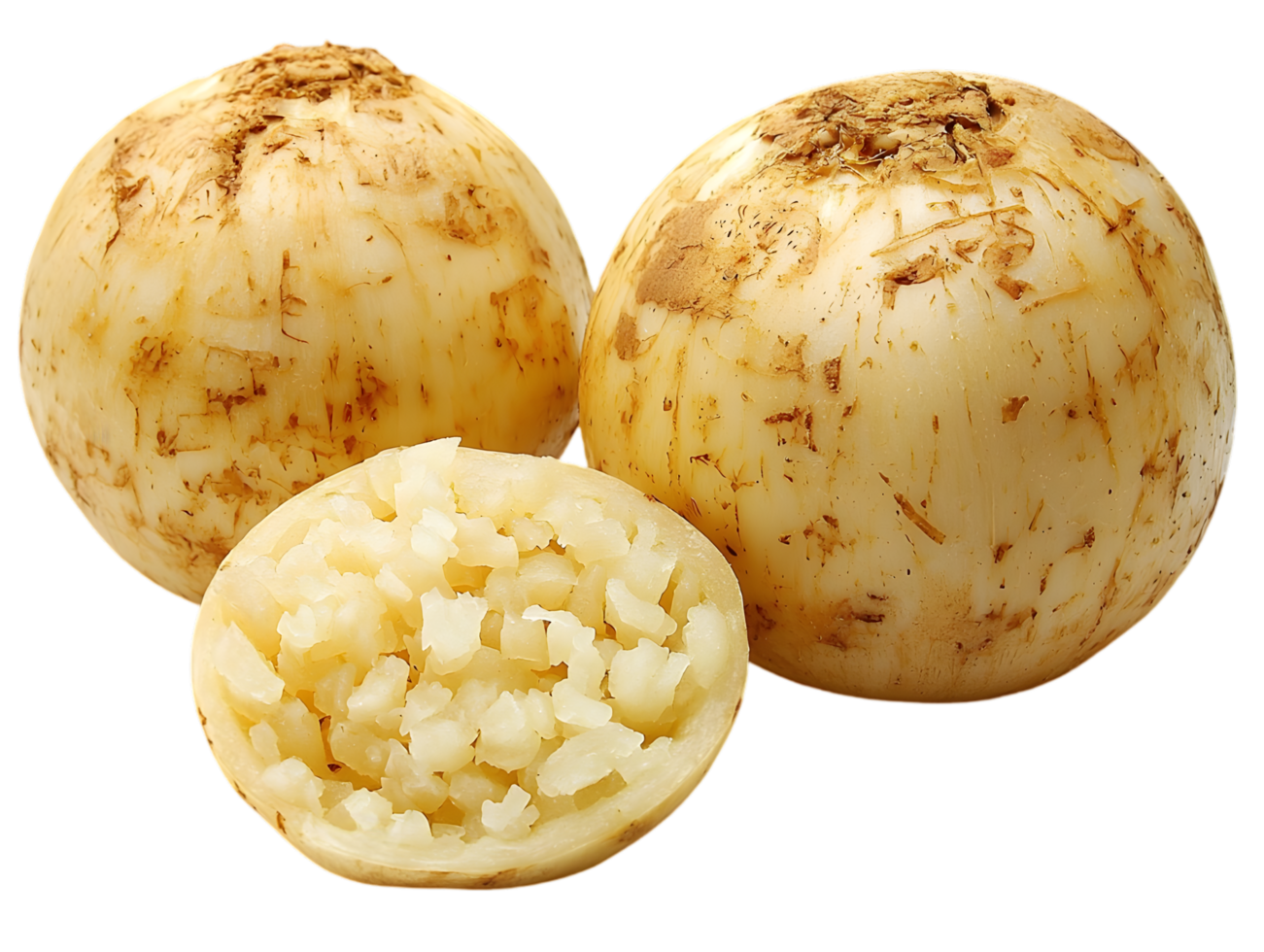 Three White Turnips One Cut Open Revealing Flesh With Transparent Background Close Up Macro Food Still Life Photography Studio Shot Isolated Vegetable Harvest Ingredient Health Concept Diet Concept png