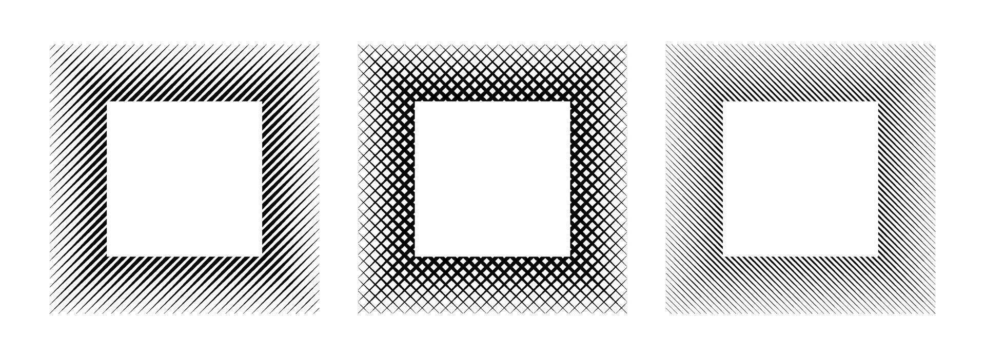 Black linear square frame set. Striped geometric border collection in minimalist style. Thin overlap line picture frame bundle. Simple boarder element pack for photo, cadre, poster, card. vector