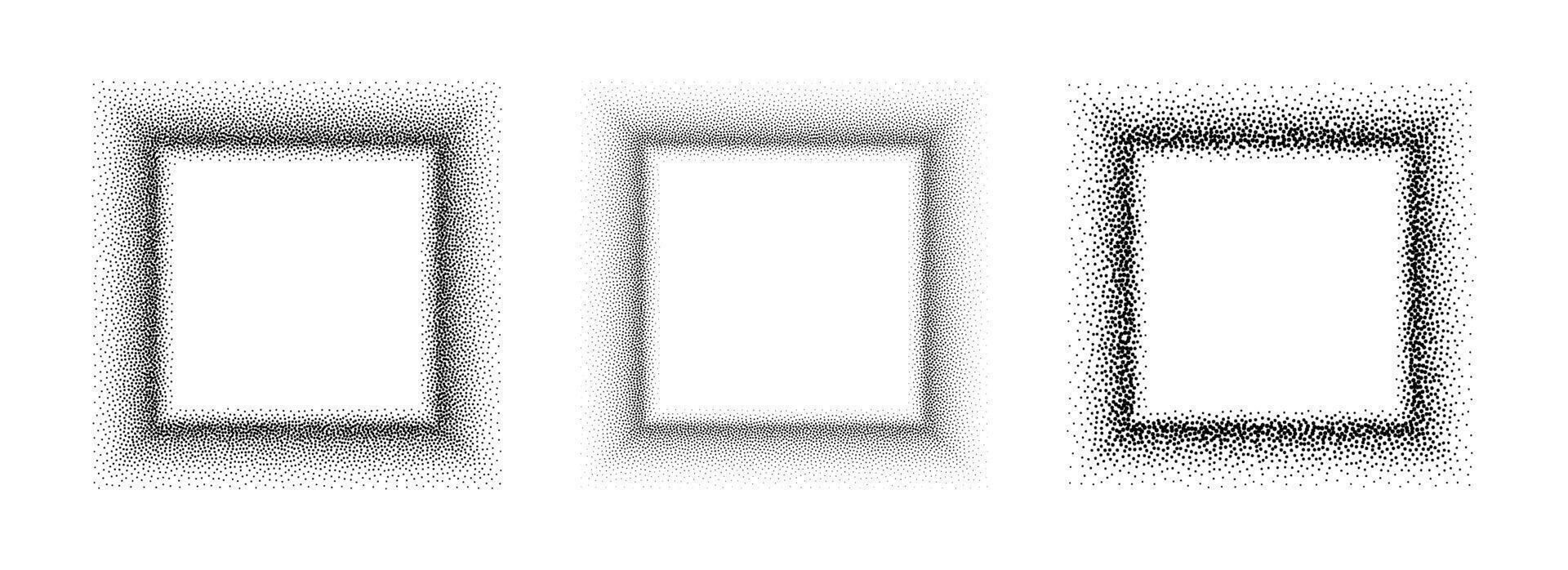Black stippled square frame set. Dotted gradient border collection. Squared picture holders for banner, copy space, collage, emblem, poster, template, box. Stipple frame element bundle. vector