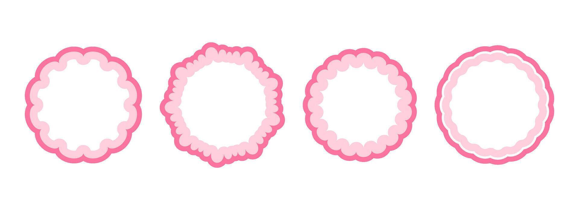 Cute frill pattern frame set. Pink scalloped circle border collection. Soft wavy lace edge shapes in rococo style for decoration, poster, banner, brochure. Girly coquette round element pack vector