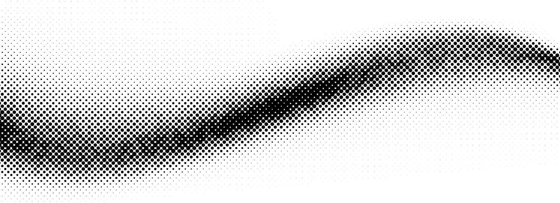 Black halftone wave background. Dotted curved flow wallpaper. Abstract grain fluid backdrop texture. Grit pop art swoosh element for poster, banner, overlay, template, brochure, flyer, leaflet vector