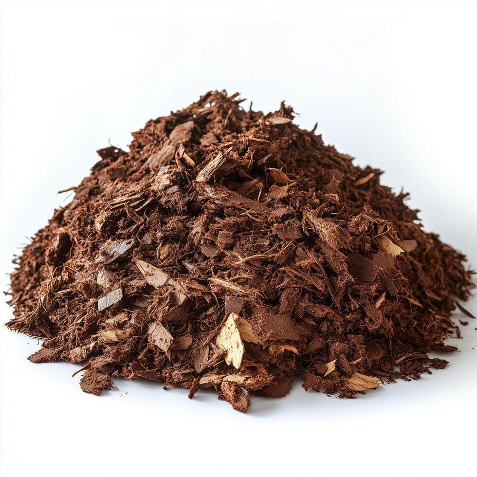 A pile of brown mulch on a white background photo