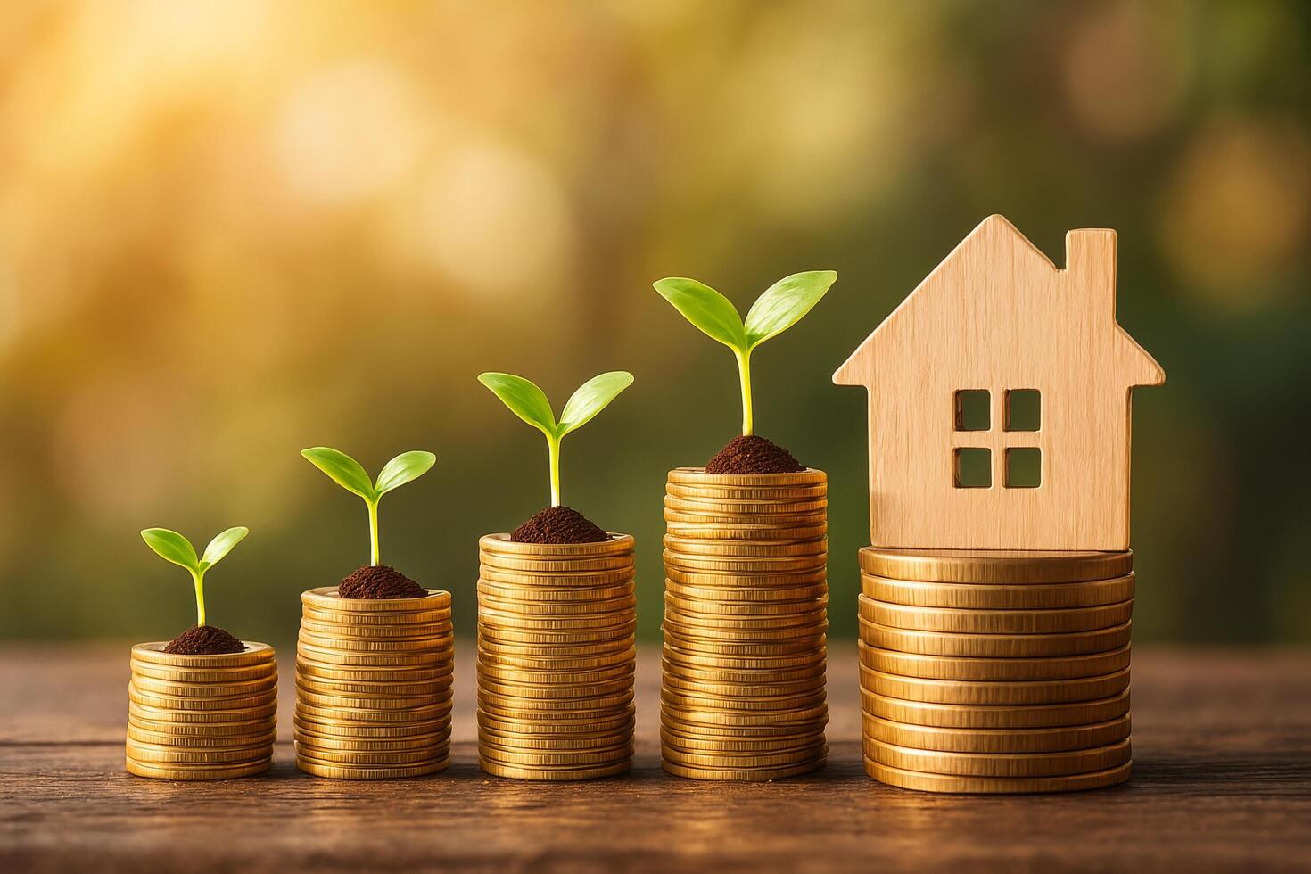 Growth of Investment and Home Ownership Represented by Plants on Coins and a House Model photo