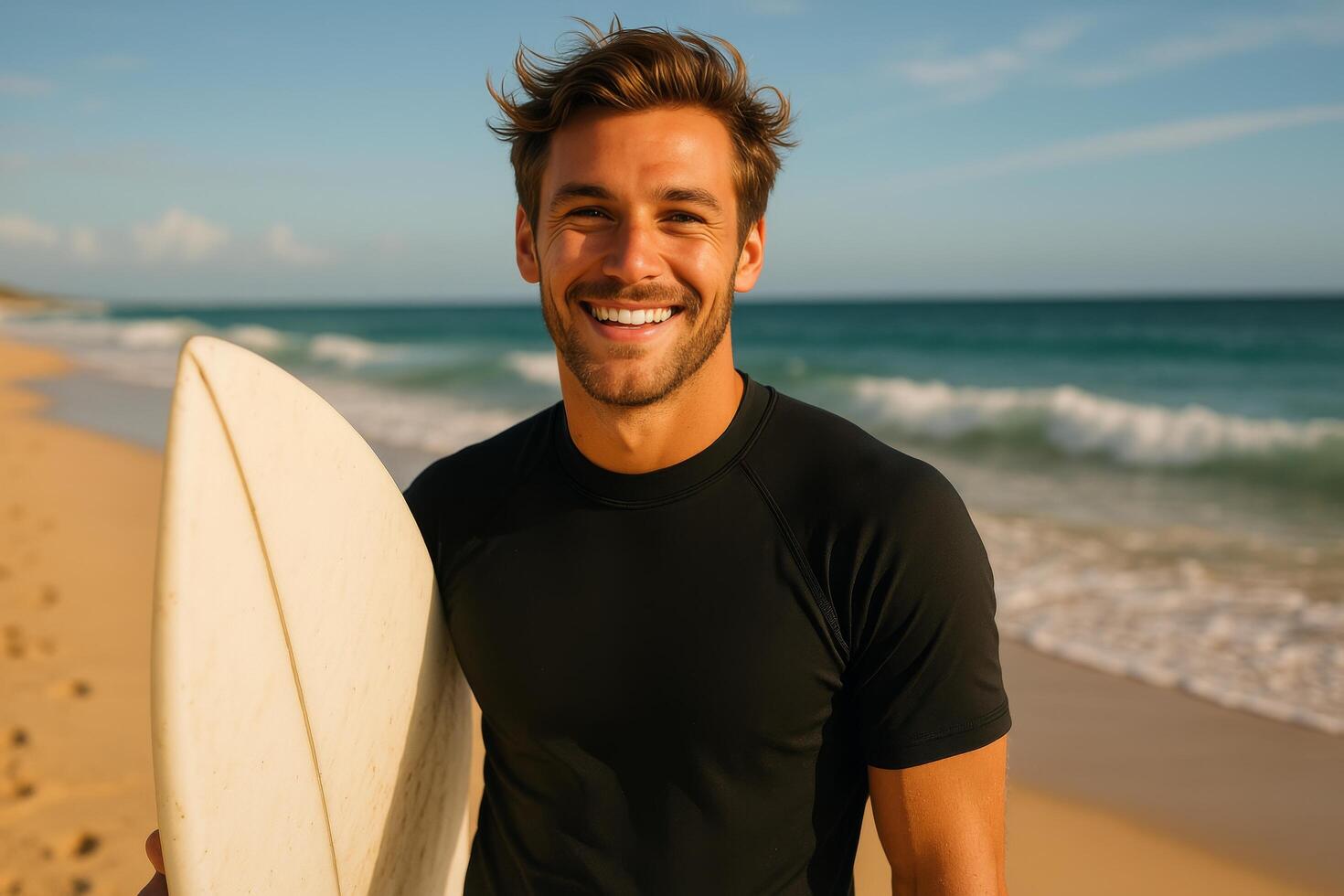 Surfer Smiles on a Sunny Beach Holding a Surfboard During a Beautiful Day by the Ocean photo