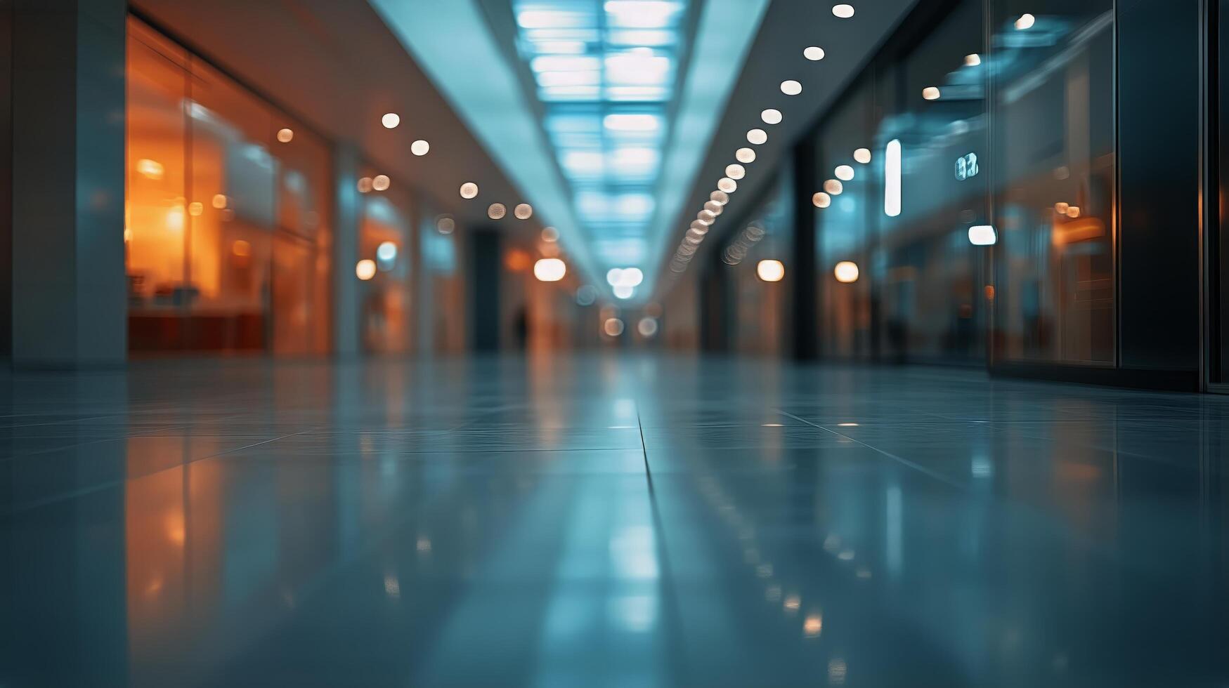 Wide Hallway in a Modern Shopping Mall With Reflective Floor and Bright Overhead Lights During Evening Hours photo