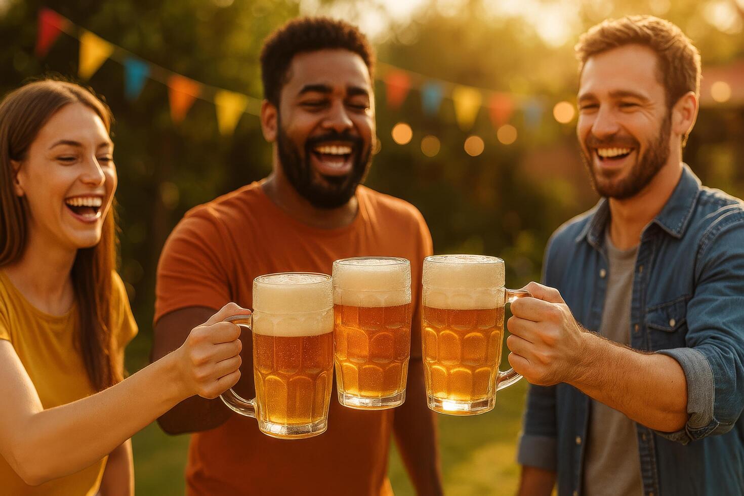 Friends Celebrate at Outdoor Gathering With Beer Mugs During Golden Hour photo