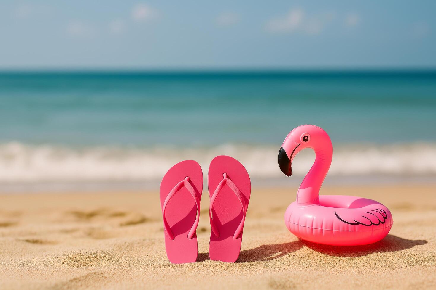 Pink Flip Flops and a Flamingo Float at the Beach on a Sunny Day photo