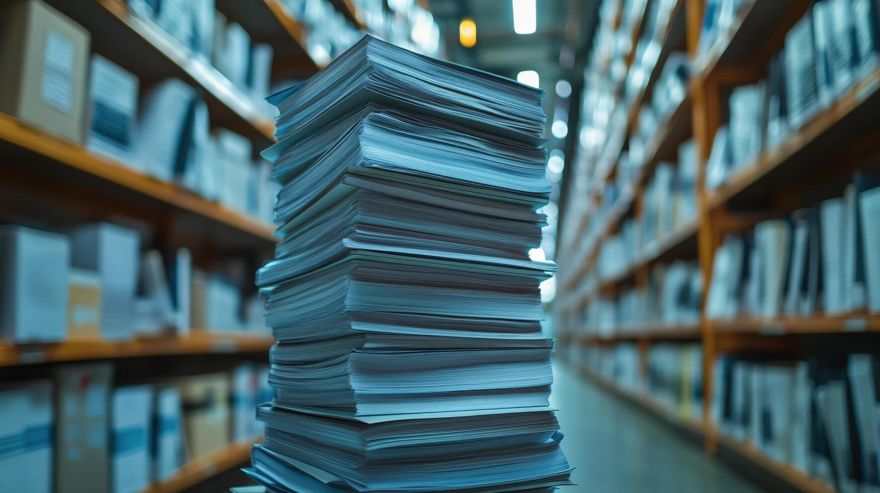 Stacked Papers in a Large Warehouse Library During Daytime, Showcasing Organization and Storage Methods photo