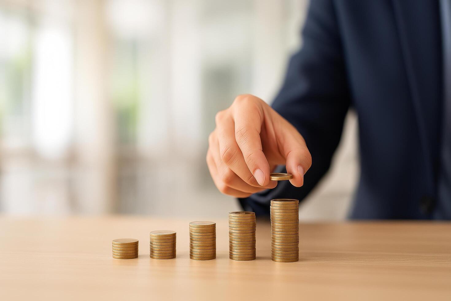Hand Arranging Stacks of Coins on a Wooden Table in a Bright Office Space photo