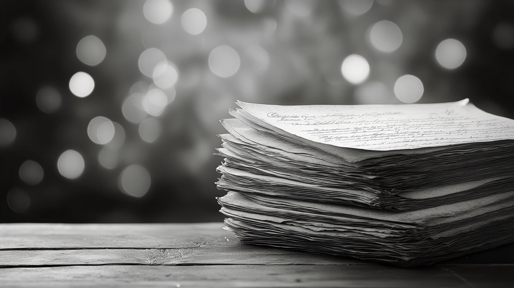 Stack of Old Papers on a Wooden Table With Blurry Background Lights at Night photo