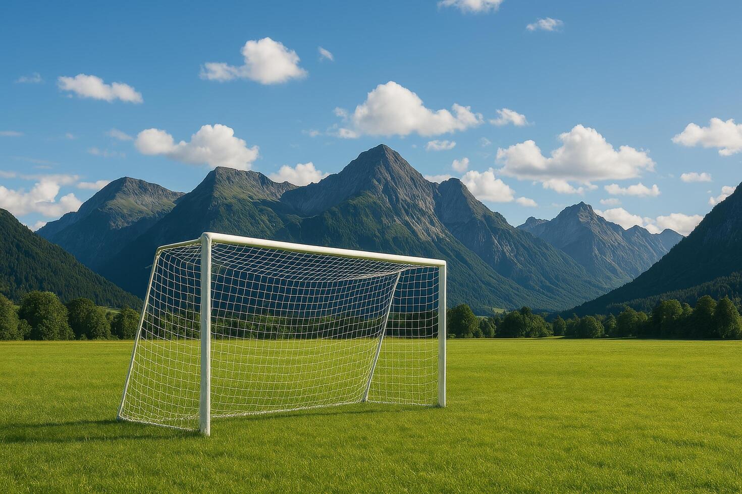 Scenic Mountain Landscape Featuring a Soccer Goal on a Vibrant Green Field photo