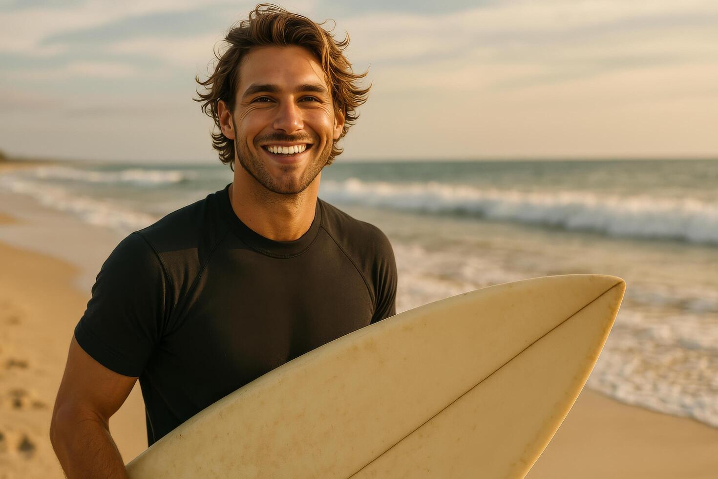 Smiling Surfer Enjoying a Sunny Day at the Beach With Surfboard in Hand During Golden Hour photo