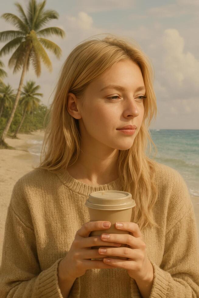 Woman Enjoying Coffee on a Tropical Beach During a Sunny Day With Palm Trees in the Background photo