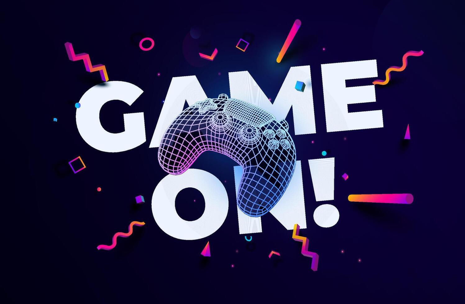Wireframe mesh Gaming Controller Design with Play Now Message on Dark Background. Ideal for Game Promotions, Streaming Graphics, Event Posters, and Digital Entertainment. Illustration. vector