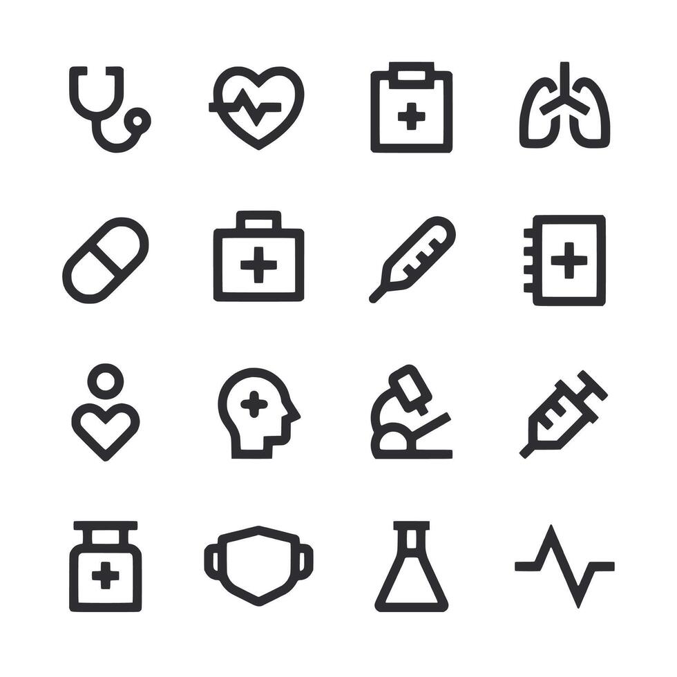 A set of medical icons including a stethoscope, a syringe, a thermometer vector