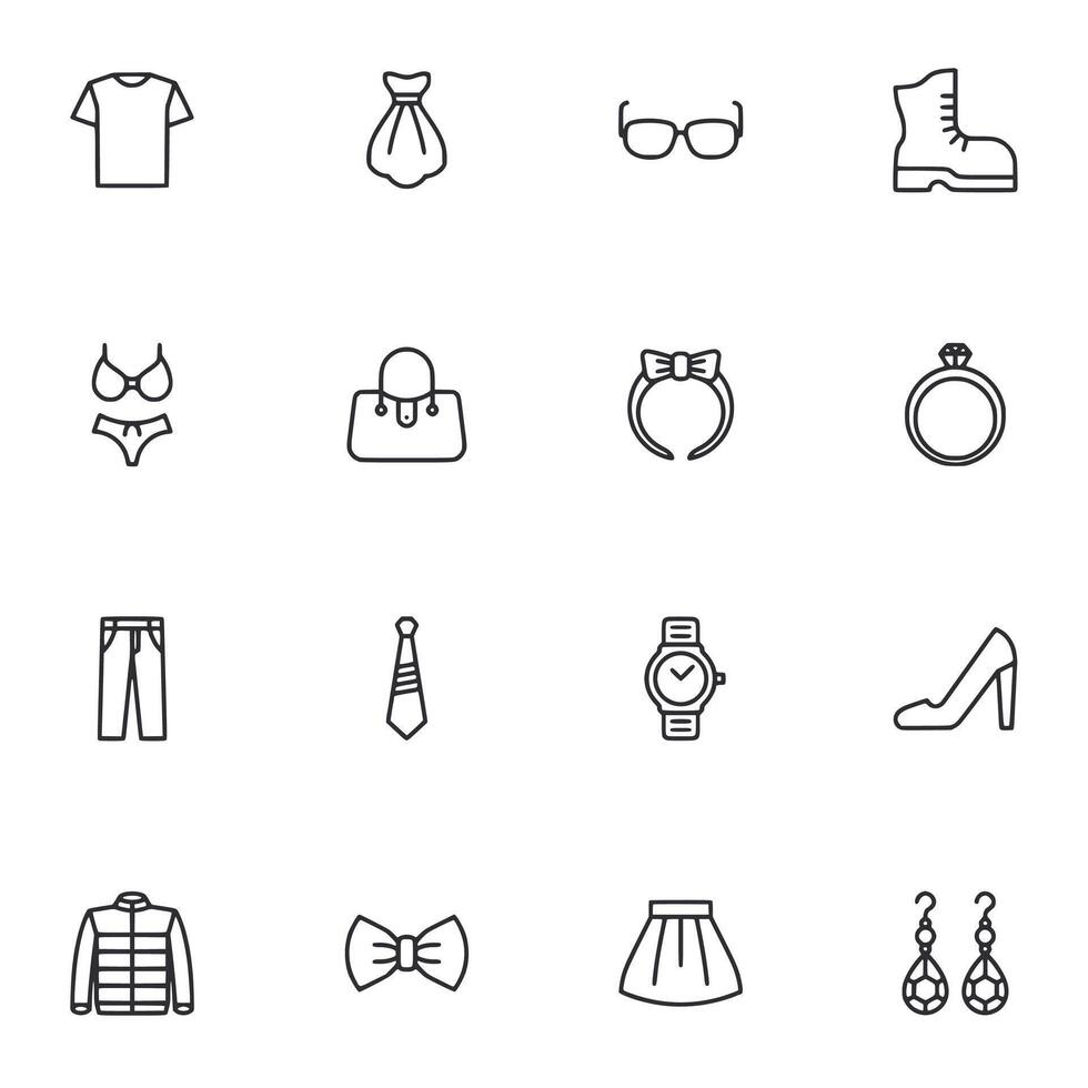 A set of fashion icons including a dress, a handbag, a tie, a watch vector