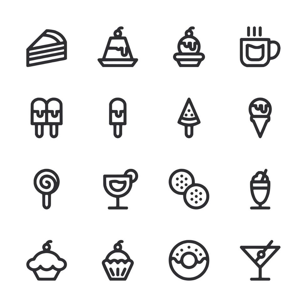 A set of food icons including a cupcake, donut, and martini glass vector
