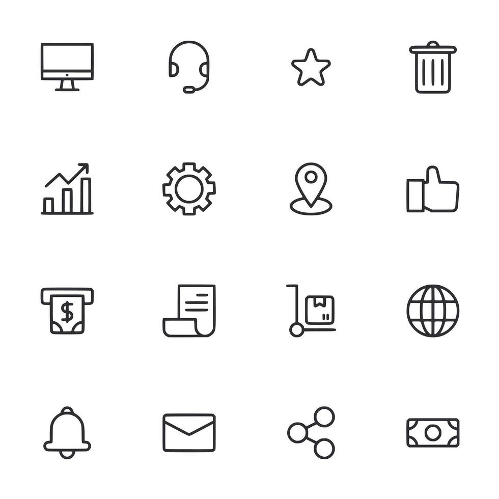 A set of icons including a star, a trash can, a dollar sign, a check, a globe vector