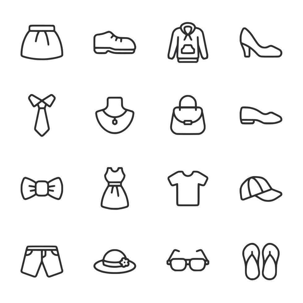 A set of clothing icons including a tie, dress, hat, and shoes vector