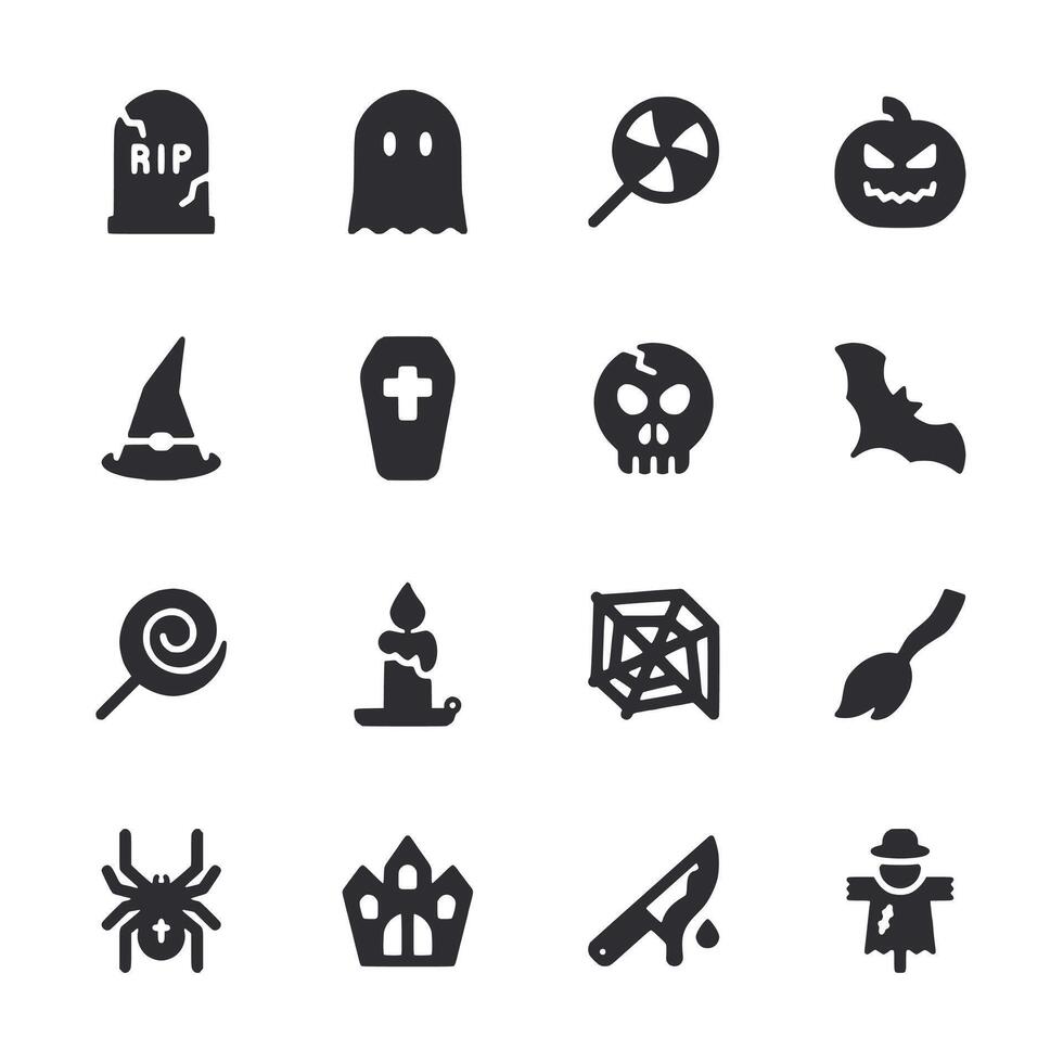 A collection of Halloween icons including a pumpkin, a skull, a witch, a ghost vector